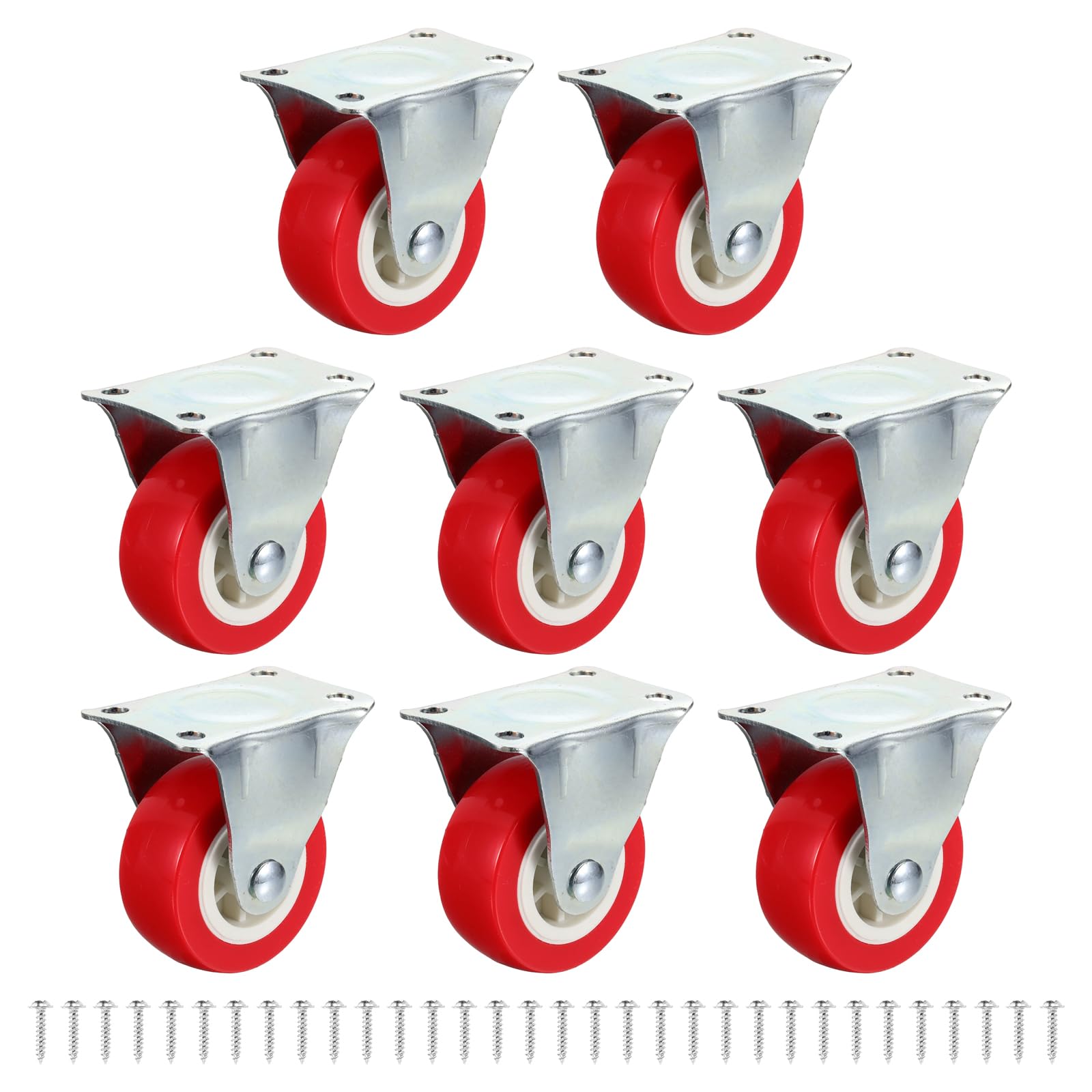 Defanex 8pcs Rigid Caster Wheels (2 Inch) - PVC Non-Swivel Top Plates Castors for Furniture Drawers Storage Bins DIY Project, Red