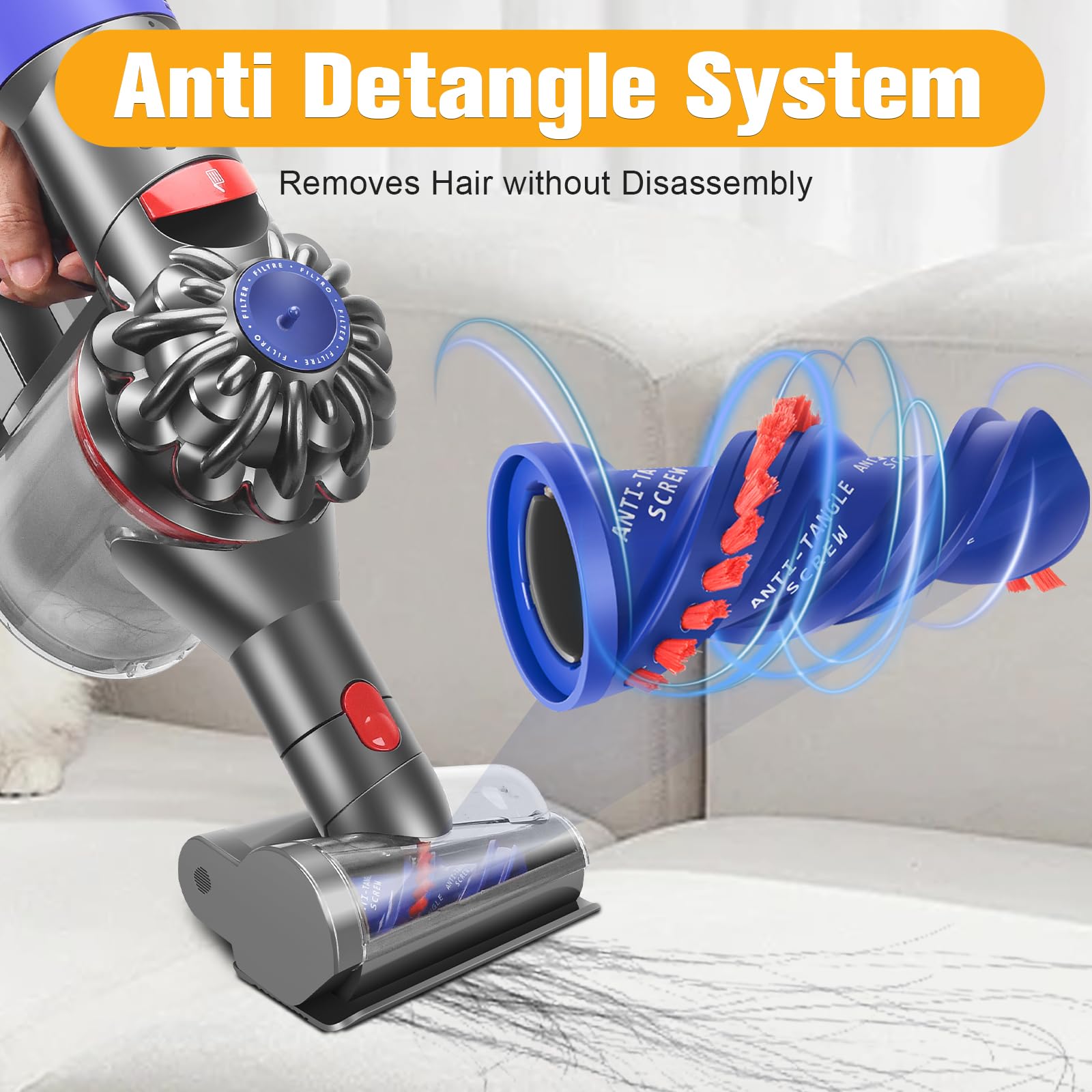 Mini zmotoryzowana głowica szczotkowa do odkurzaczy Dyson V7 V8 V10 V11 V15, antysplątaniowa głowica zamienna do czyszczenia długich włosów i sierści zwierząt, do materaca, dywanów, sofy