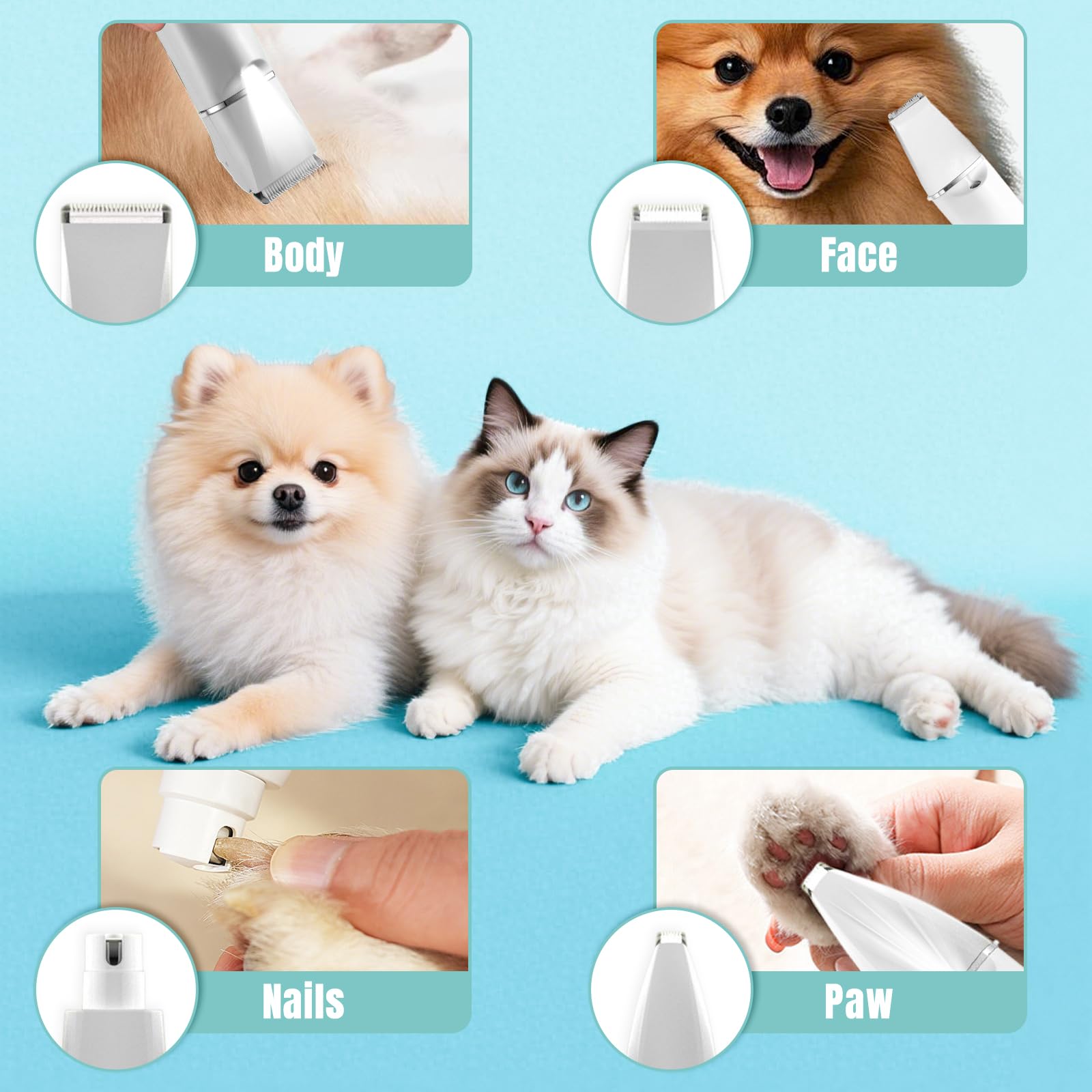 Dog Grooming Clipper Kit, 4 in 1 LED Light Low Noise Dog Paw Trimmer & Nail Grinder, 2 Speeds Adjustable Dog Grooming Kit for Cats Dogs - Image 4