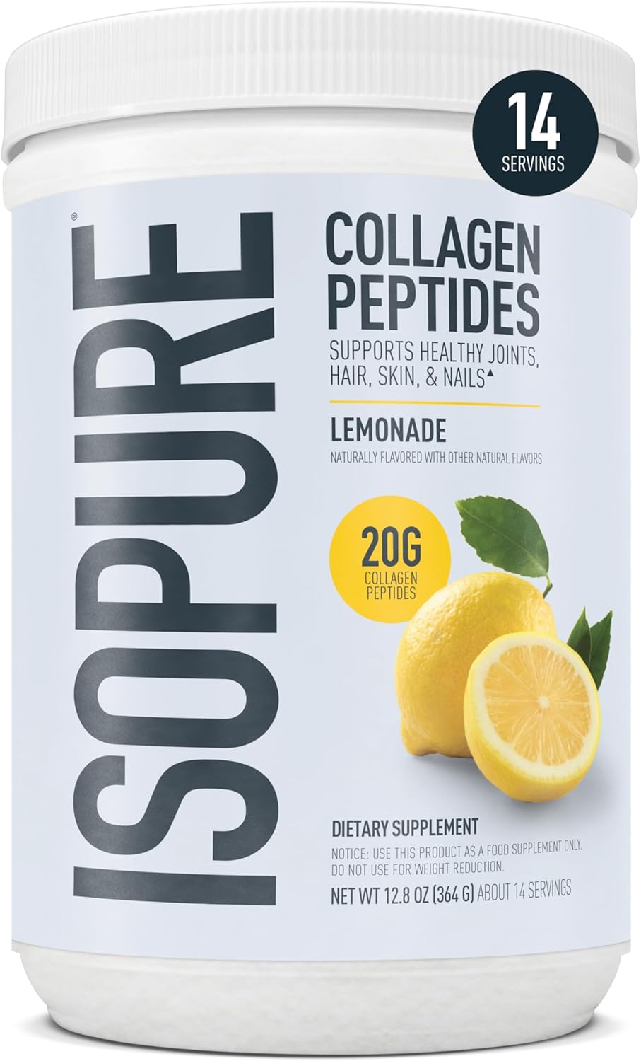 Isopure Collagen Peptides Powder, Promotes Hair, Nail, Skin and Joint Health, with Vitamin C and Biotin, Lemonade, 20g Collagen Peptides Per Serving, 11.36 Oz, 14 Servings (Packaging May Vary) Isopure Collagen Peptides Powder, Promotes Hair, Nail, Skin and Joint Health, with Vitamin C and Biotin, Lemonade, 20g Collagen Peptides Per Serving, 11.36 Oz, 14 Servings (Packaging May Vary)