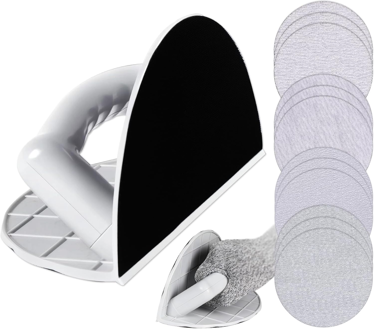 Drywall Corner Sander 9 Inch Hand Sanding Discs Sander Hook and Loop Backing Semi-Circular Angle Sanding Tool with 12PCS Round Sandpaper 80 100 120 240 Grit for Corners and Walls Cleaning Polishing