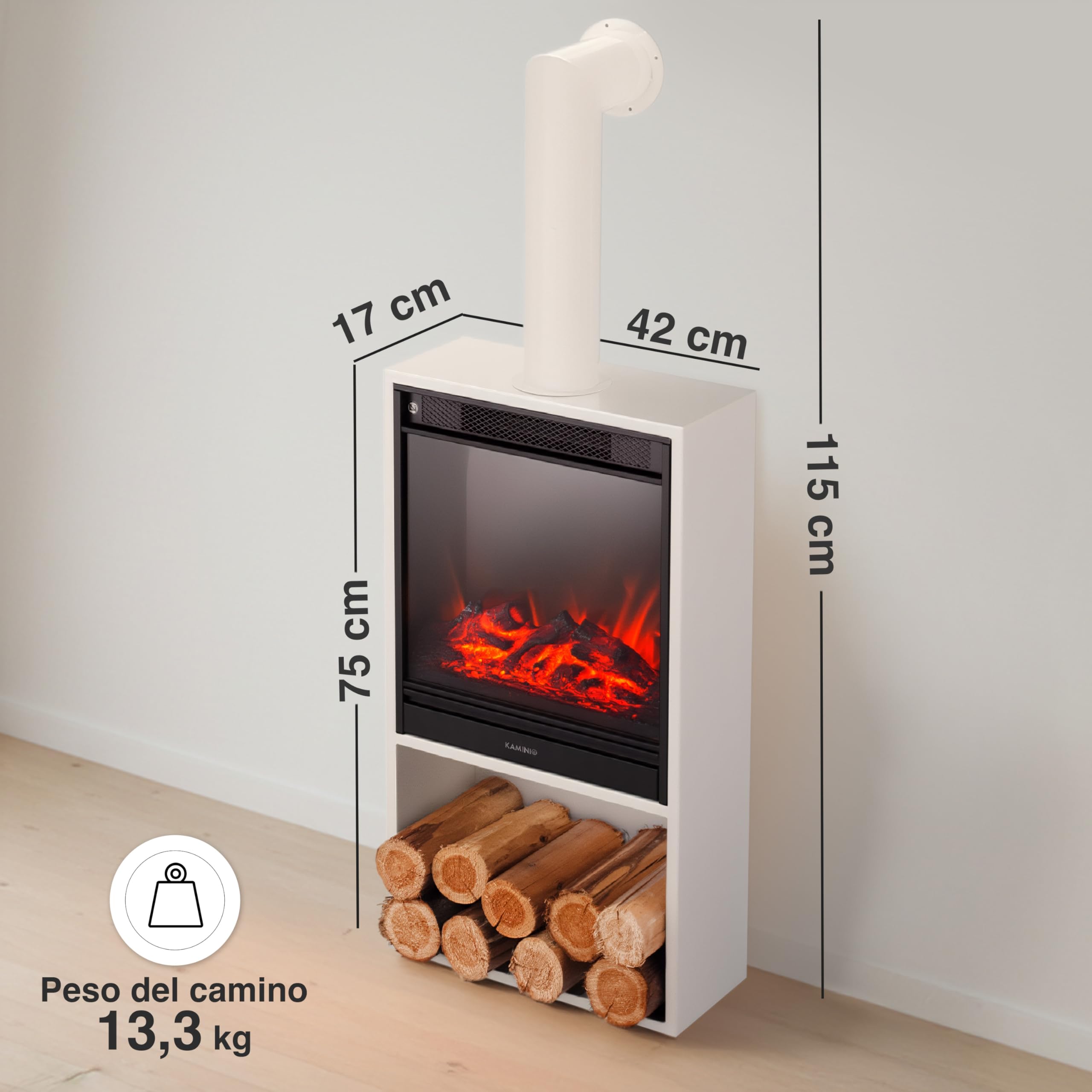 KAMINIO Camino elettrico HUGO con tubo del camino - Stufa elettrica con riscaldamento, effetto fiamma 3D, luce ambiente a LED, scomparto de legno, telecomando (Bianco)