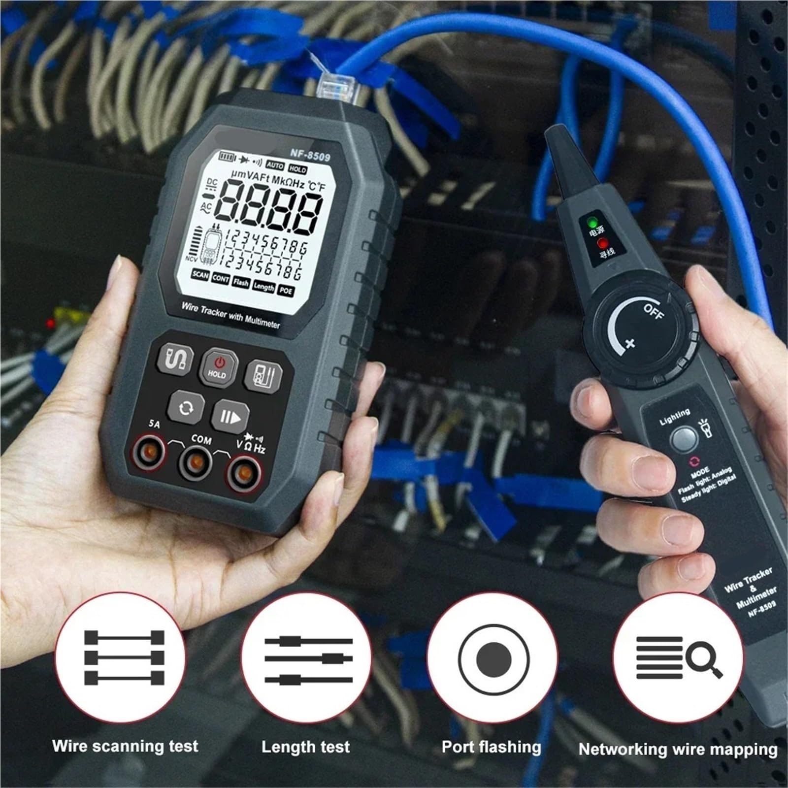 Tester for cavi di rete 2 in 1, multimetro digitale, rilevatore lunghezza, tester PoE Cat5 Cat6, test continuità Prove di trasmissione