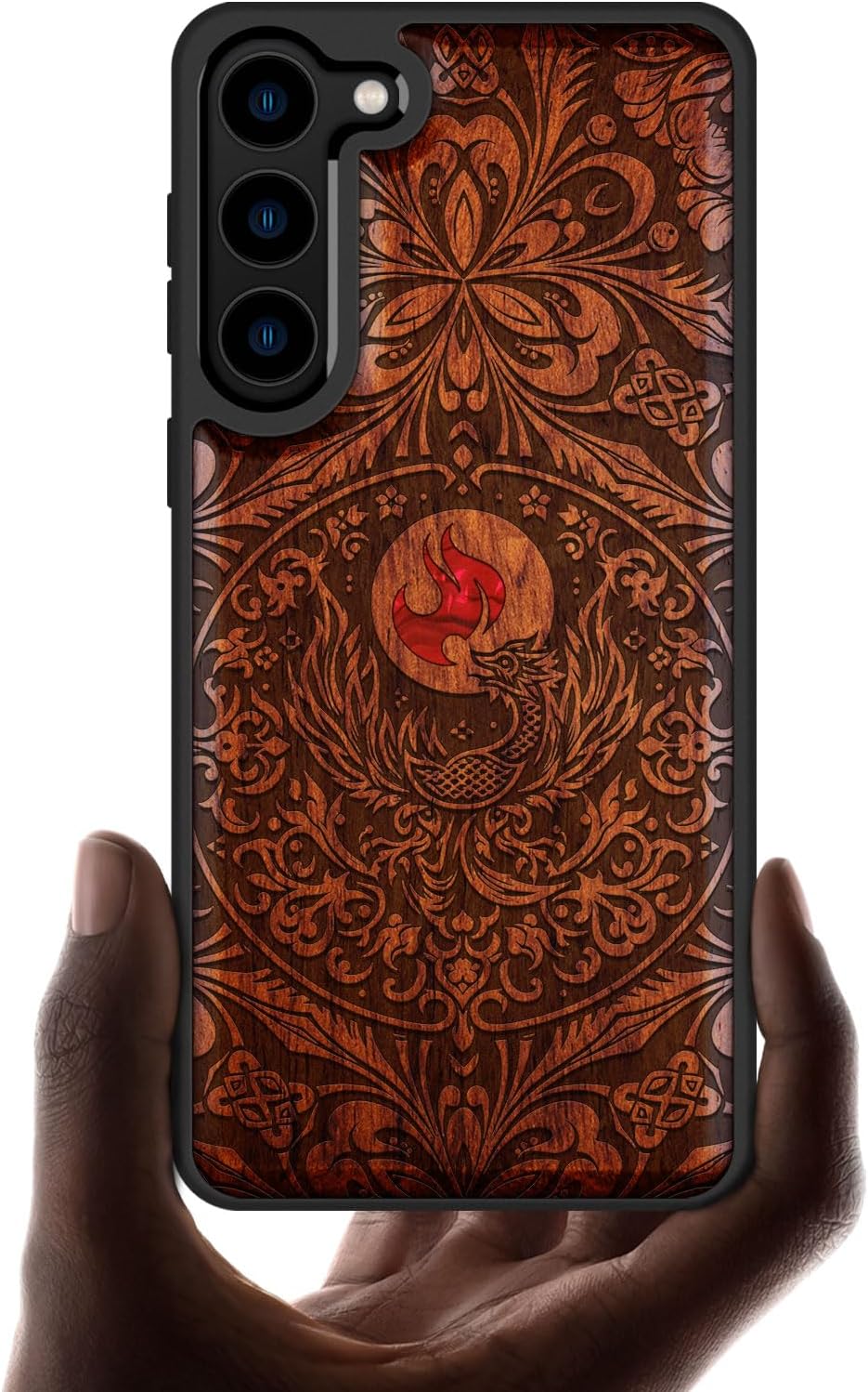 Carveit Designer Wooden Case for Samsung Galaxy S23 Cover [Wood Engraving & Shell Inlay] Compatible with Wireless Chargers S23 Case (Phoenix in Symmetry-Blackwood)