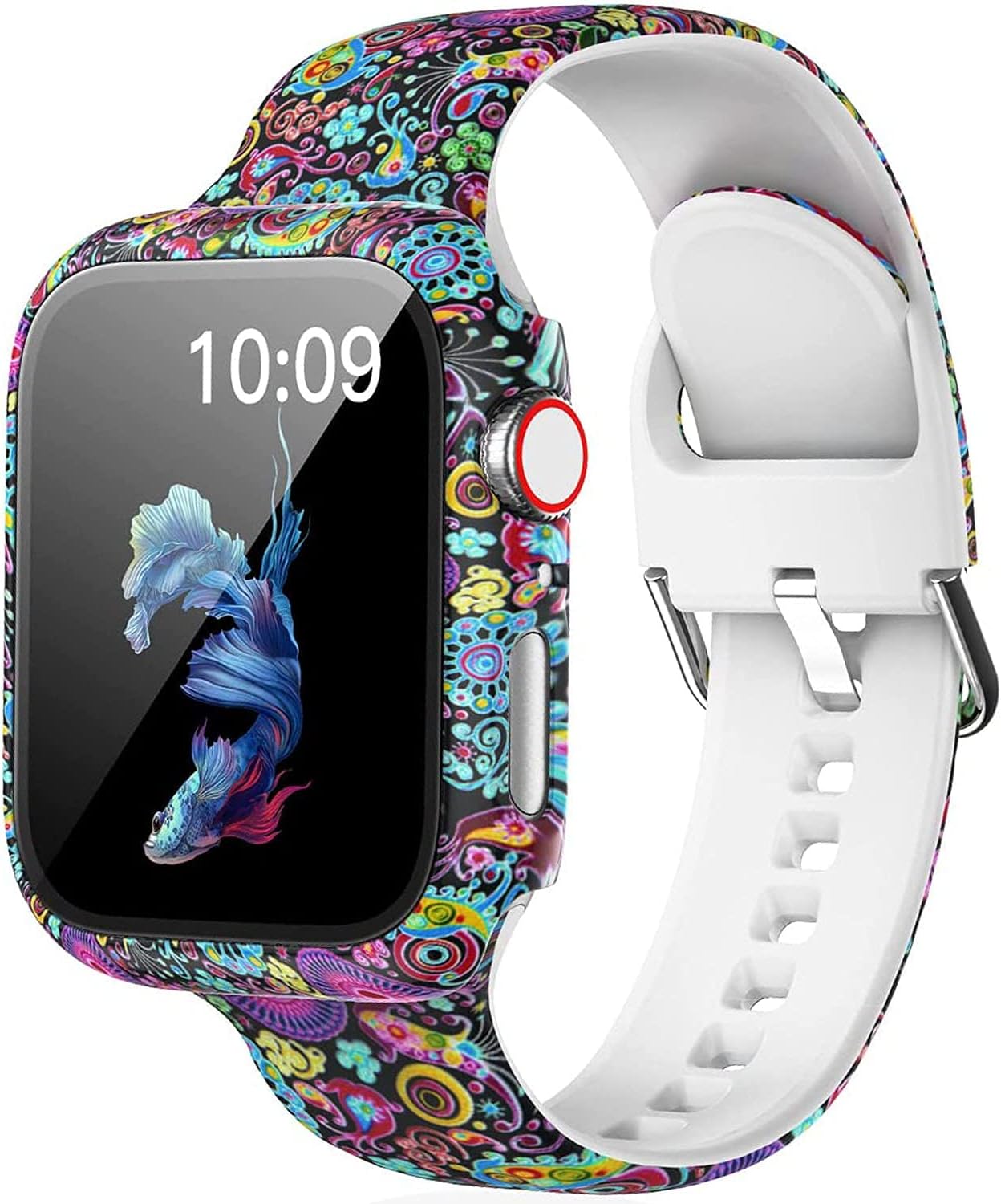 LKEITY Floral Printed Pattern Silicone Band with Case Cover Set Screen Protector Compatible for Apple Watch 45mm 44mm 42mm 41mm 40mm 38mm, Soft Sport Strap for iWatch Series 8 7 SE 6 5 4 3 2 1 Women