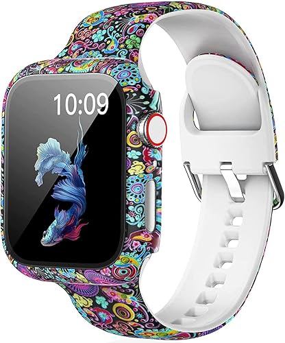 LKEITY - Correa de silicona deportiva con estampado floral compatible con correas de Apple Watch de 38mm 40mm 44mm 42mm, suave y no se decolora, con