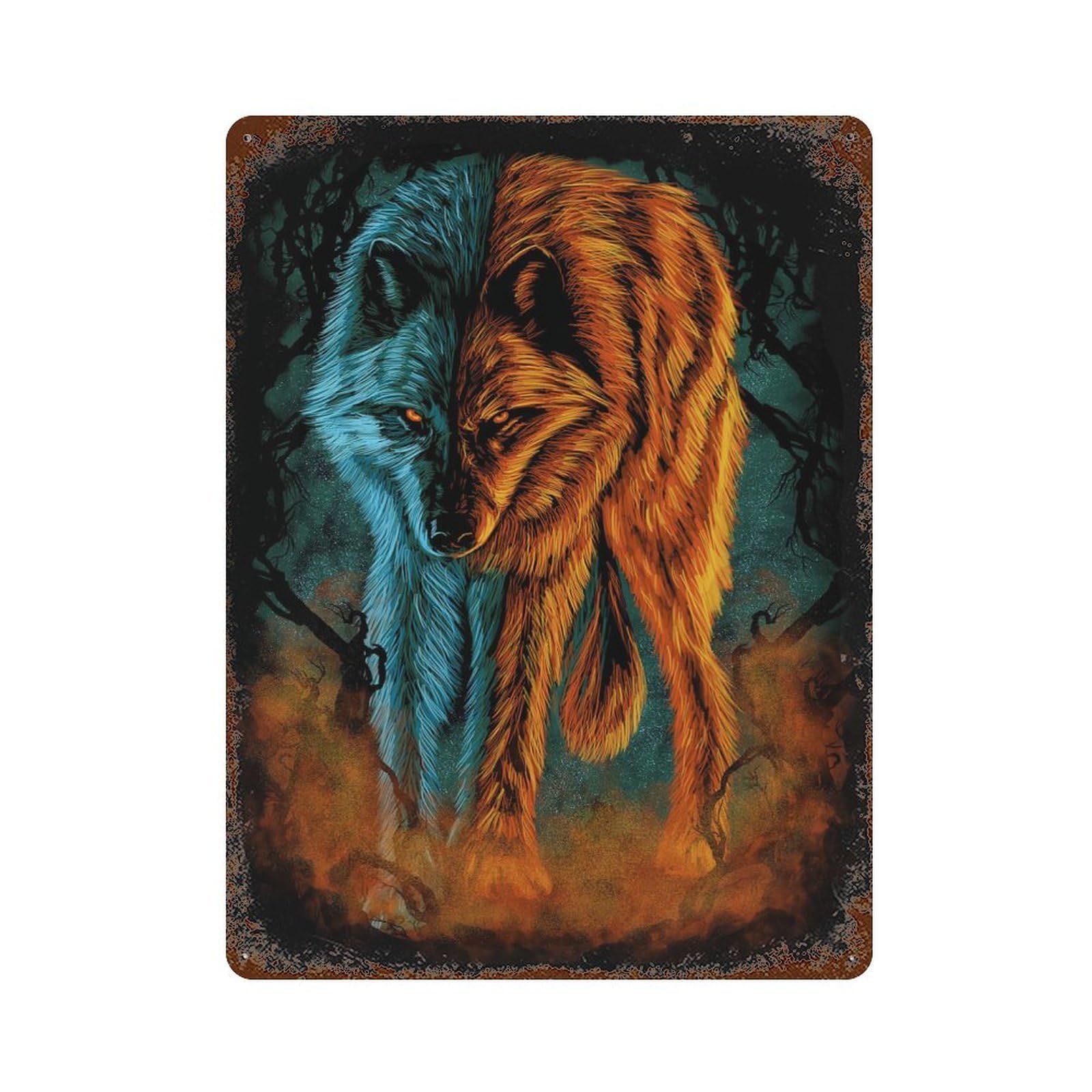 Fire And Ice Wolf Rusty Metal Tin Sign 15.7"x11.8", Industrial Home Decor for Garage, Pub Or Kitchen