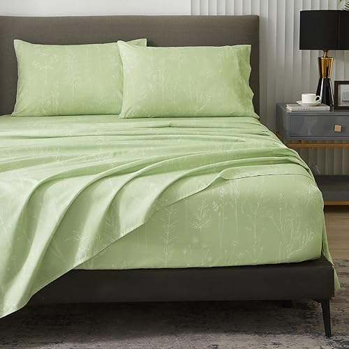 Hyprest Sábanas de cama verde salvia, bolsillo profundo de 18 pulgadas, tamaño King, sábanas con patrón floral verde, sábanas suaves estilo granja,