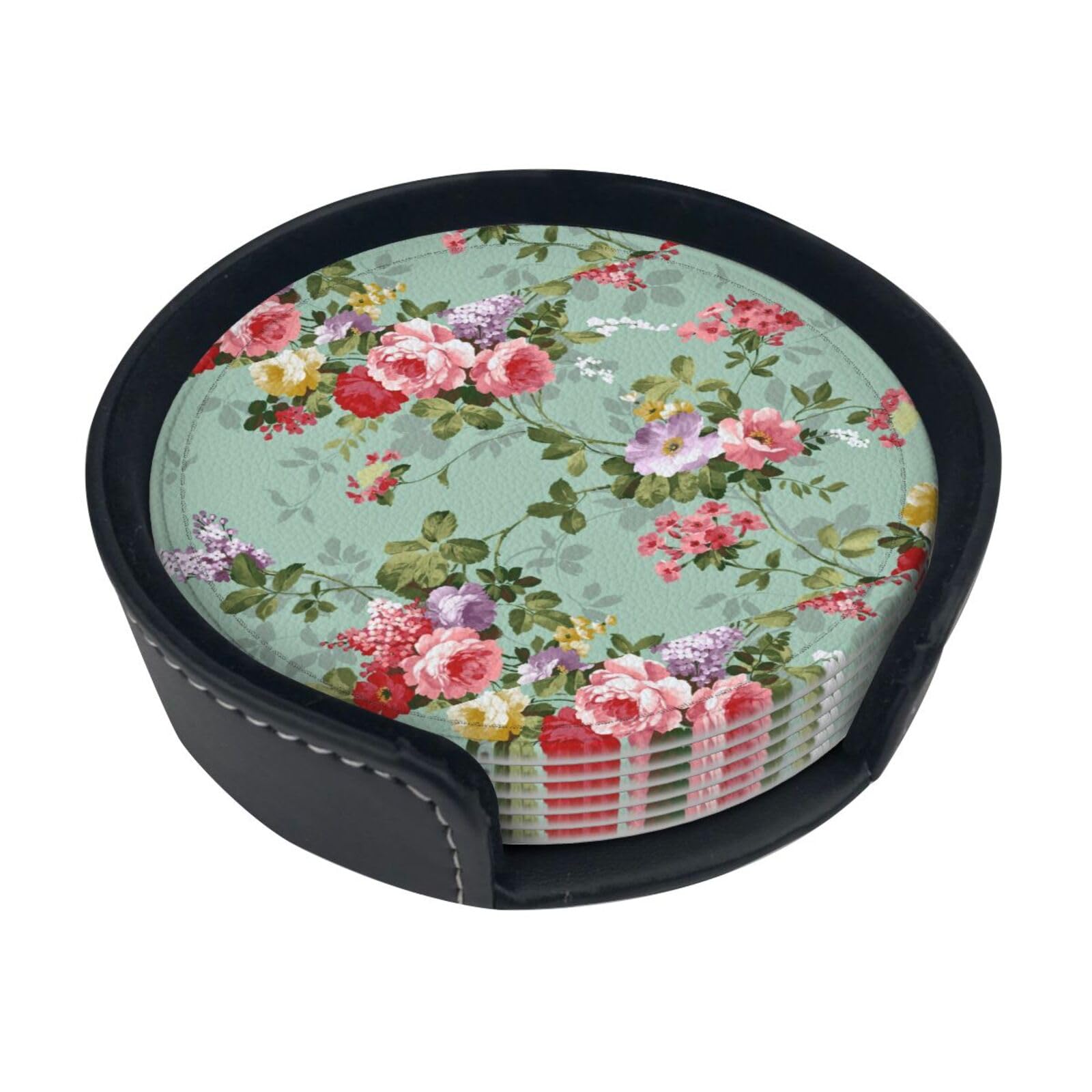 Flower (2) Print Round Coasters Set Of 6,Coaster For Tabletop Protection Home Bar Decor