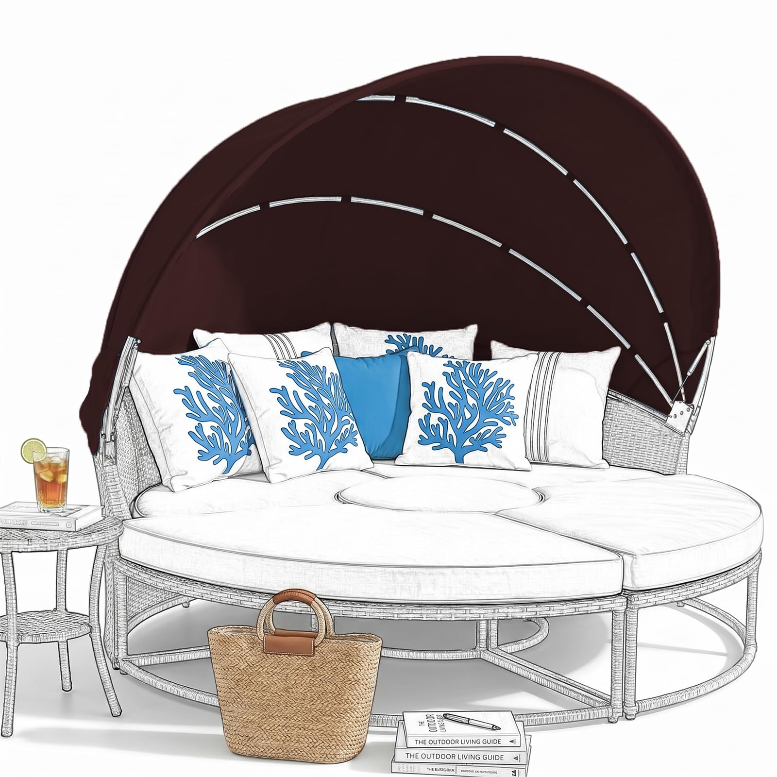 LR68HFT Replacement Canopy for Patio Round Daybed Applicable to Dia 160-180cm, Retractable Top Cover for Outdoor Sunbed, Sun-Resistant and Water-Repellent, Quick Installation (Coffee, Dia160~180cm)
