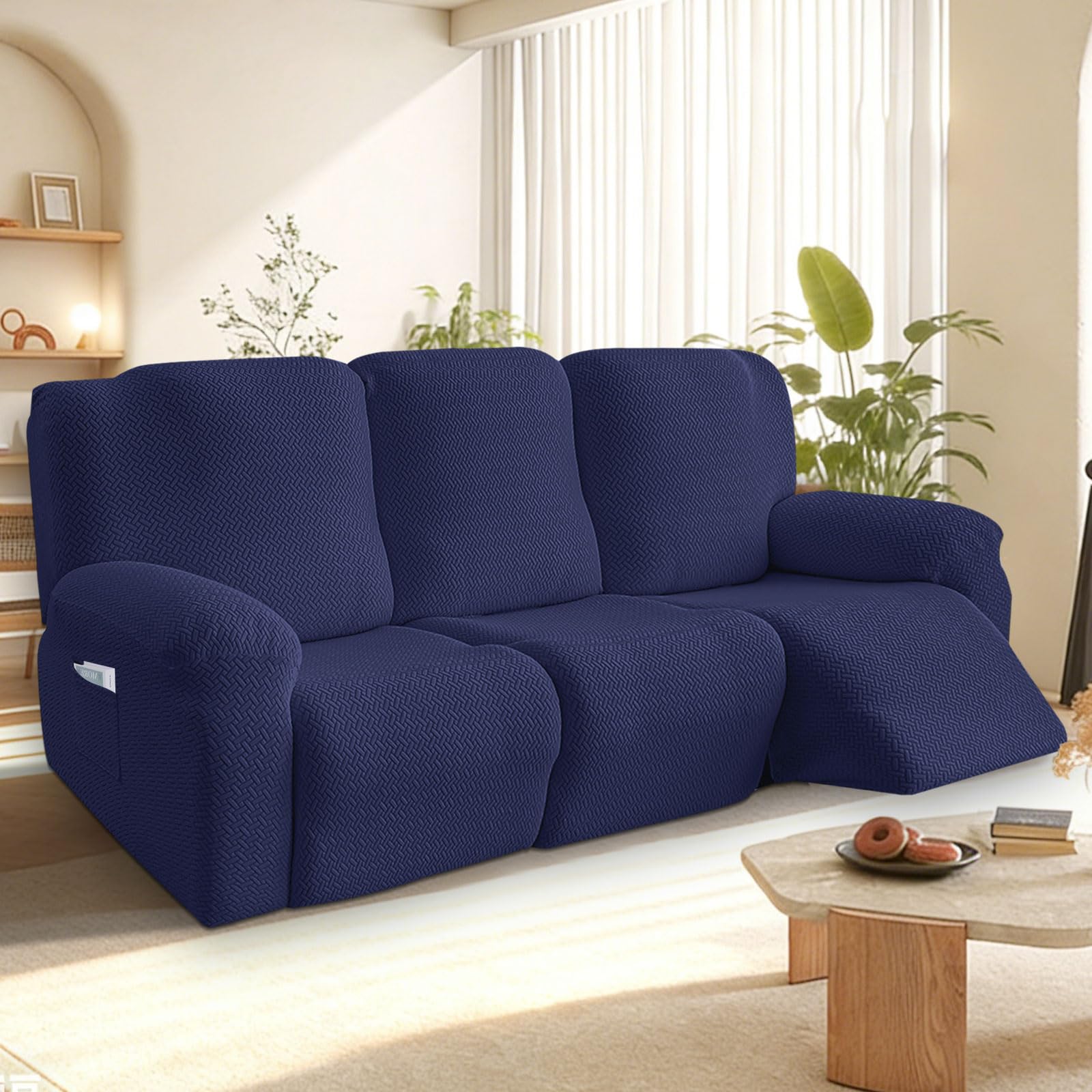 Bocguy Stretch Recliner Chair Cover, 8-Pieces Recliner Armchair Covers for Living Room Reclining Chair Slipcover with Side Pocket, High Spandex Slipcover/Lounge Cover, Slip Resistant