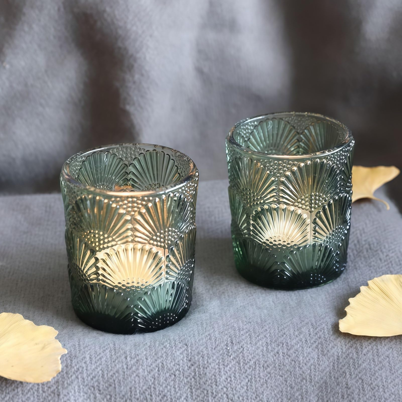 Vohocandle Green Votive Candle Holder Set Of 12, Ginkgo Biloba Tealight Holders For Wedding Party Table Centerpiece, Tea Light Holders Vintage For Fall Thanksgiving Christmas Decor (5.5 W × 6.5 H Cm)