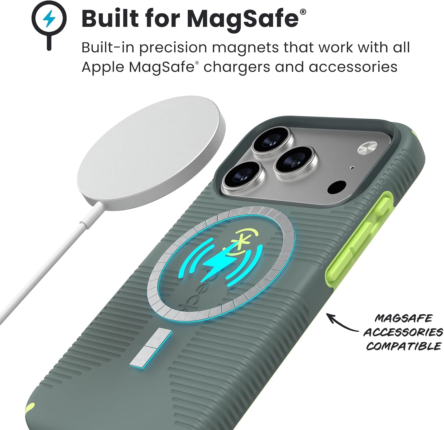 Speck CANDYSHELL Grip +MS Case for iPhone 17 Pro - NEO DRAB/Glow Green | Slim Protective Grip | Drop Protection | MagSafe Compatible - Image 2