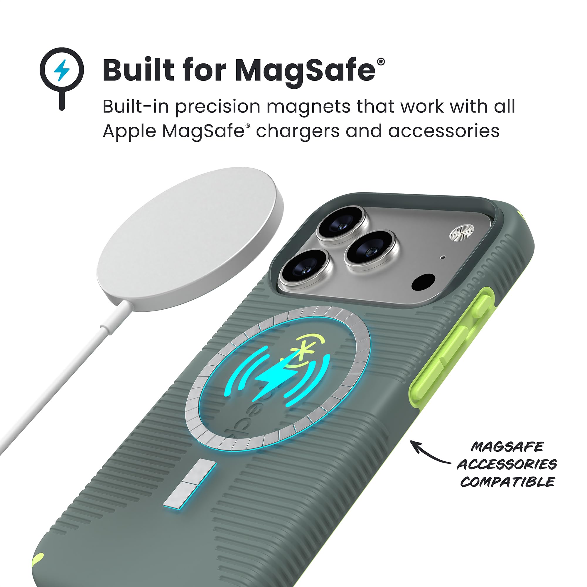 Speck CANDYSHELL Grip +MS - Funda para iPhone 17 Pro - Neo Drab/Verde Brillante | Agarre Protector Delgado | Protección contra caídas | Compatible con MagSafe
