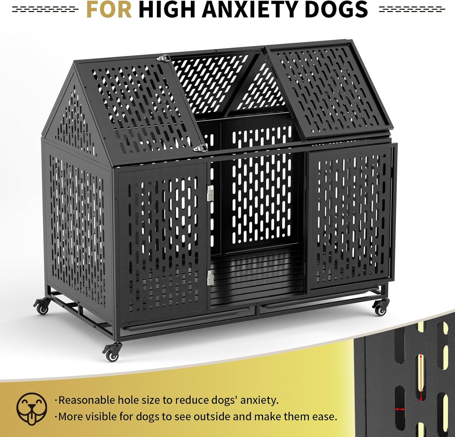 52 Inch Heavy Duty Dog Crate Extra Large Dog Cage, Indestructible XXL Dog Crate Kennel with Open Roof Top, Trays and Wheels, Escape-Proof for High Anxiety Giant Dogs
