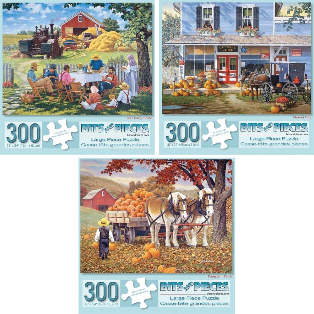 Value Set of Three Large 300 Piece Jigsaw Puzzles for Adults – Farming Collection Jigsaw Puzzles by Artist John Sloane, Completed Puzzle Size: 18" x 24"