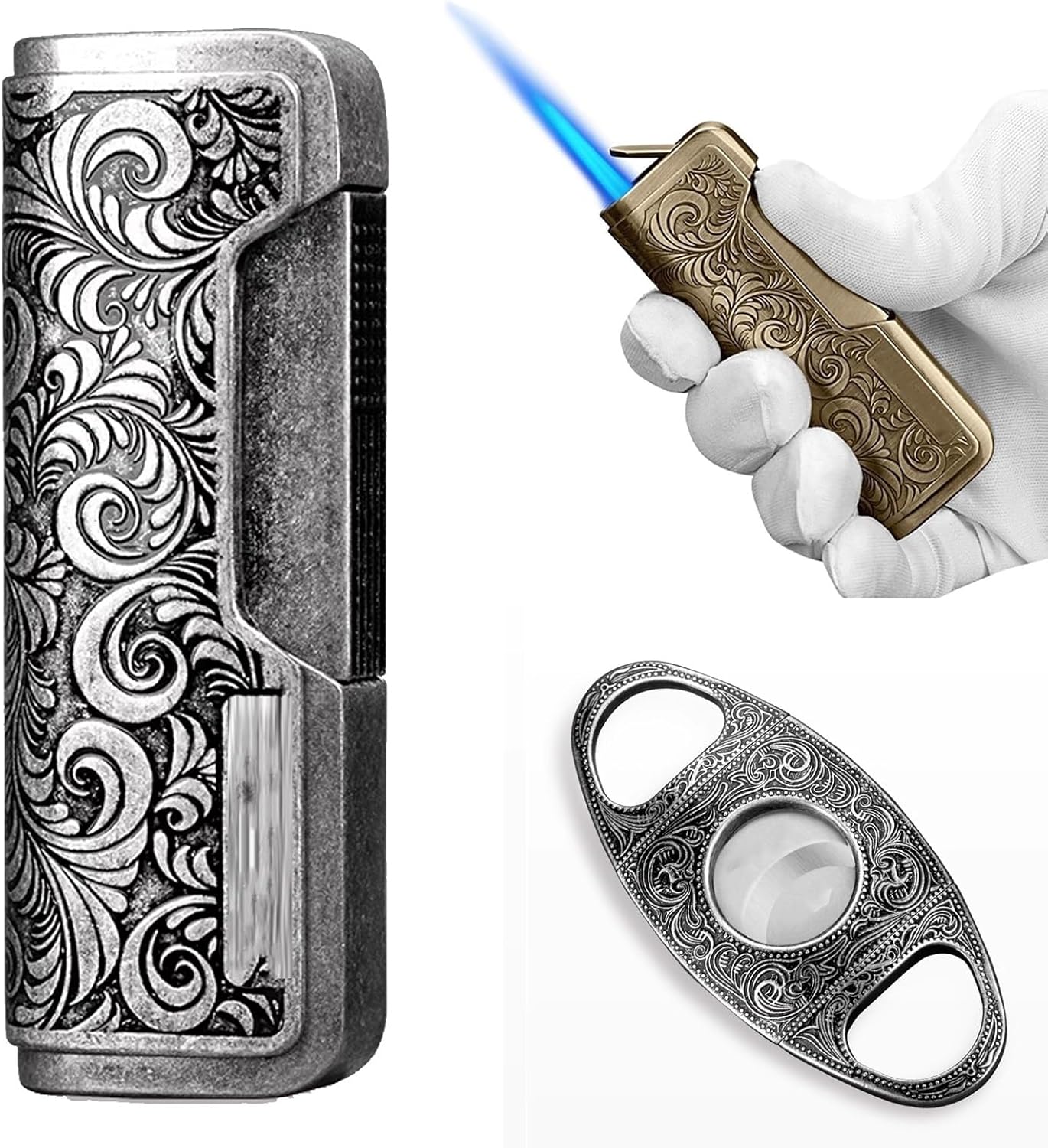 Portable Butane Lighter, Butane can be refilled, Flame Size can be Adjusted, Strong Windproof Ability, Made Metal, Gift Choice, Suitable for Camping Candles and Other Occasions.(Antiqu