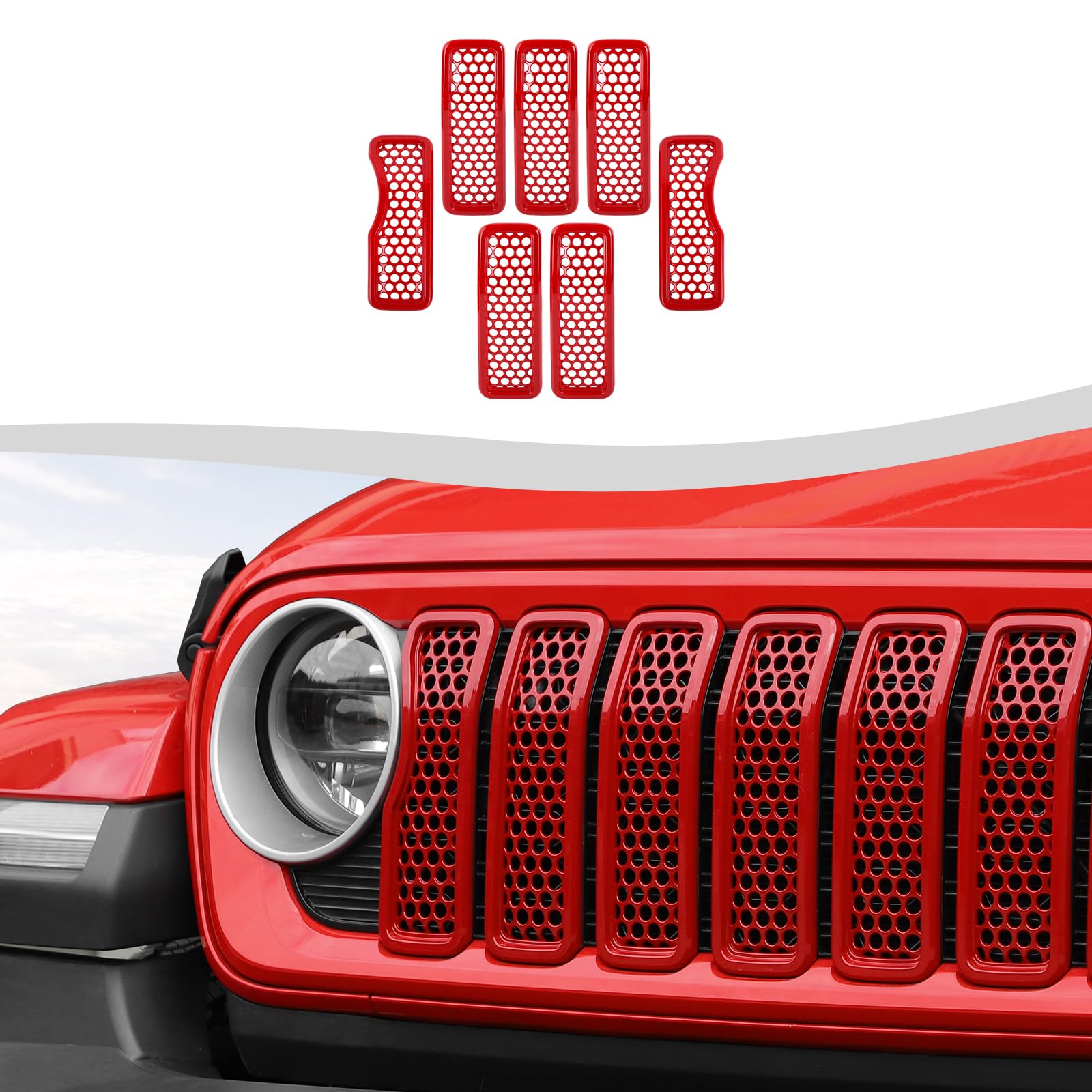 Front Grill Insert Mesh Grille Inserts Cover Kit 7Pcs Compatible with 2024-2025+ Jeep Wrangler JL JLU &amp; Gladiator JT Exterior Accessories (Red)