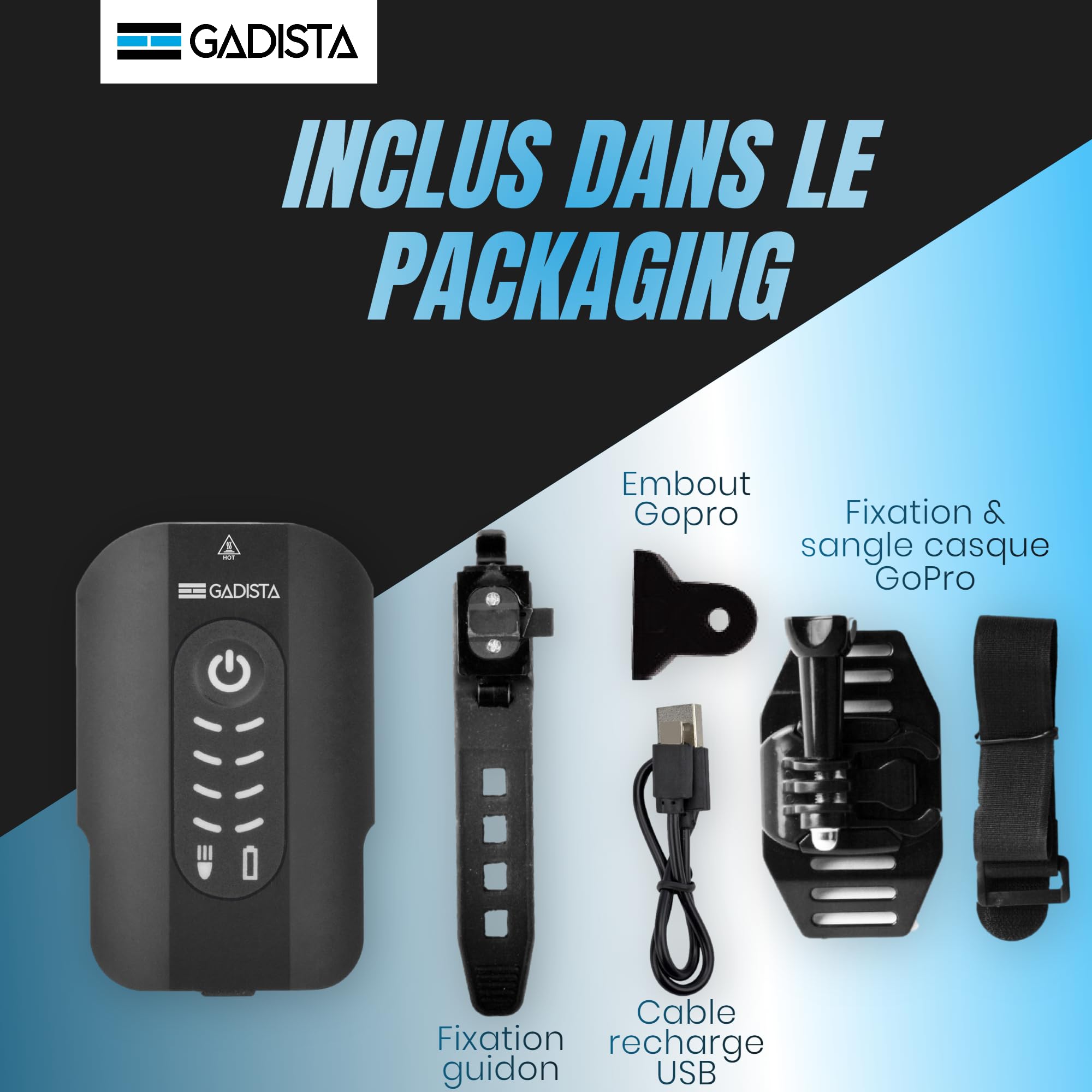 GADISTA France, Lumiere Velo Avant et feu Arriere Velo intégré 2en1, Lampe Velo LED puissantes Rechargeable USB, Eclairage Velo a LED Puissant, Accessoire Velo, Accessoire Trottinette Electrique