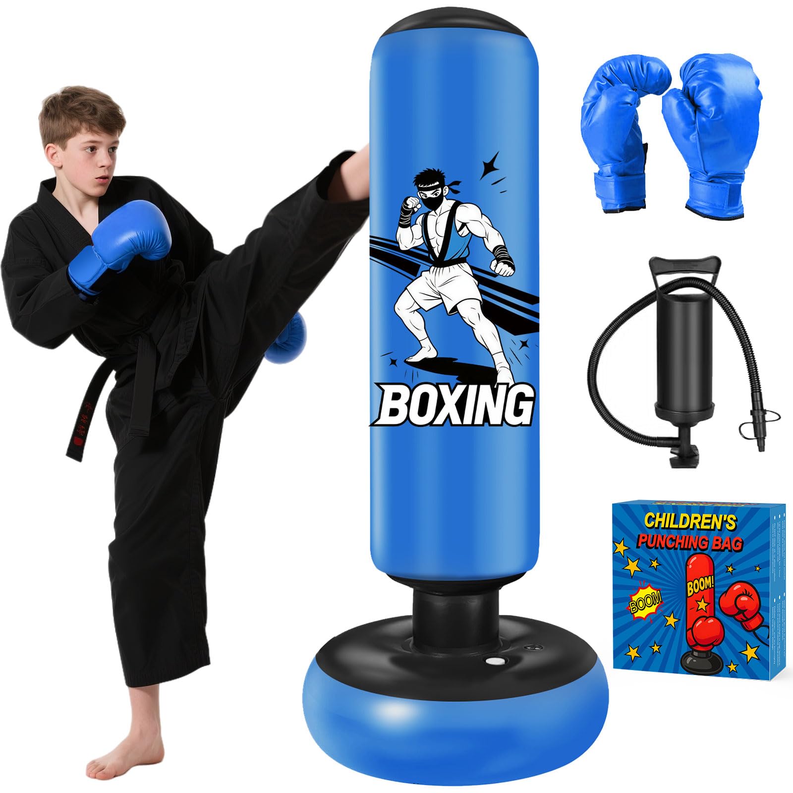 Sac de Frappe Enfant, Qoosea 168cm Punching Ball Enfants avec Gants de Boxe, Gonflable Sac de Boxe, Cadeau Parfait pour Garçons et Filles 3 à 14 Ans pour Karaté, Taekwondo