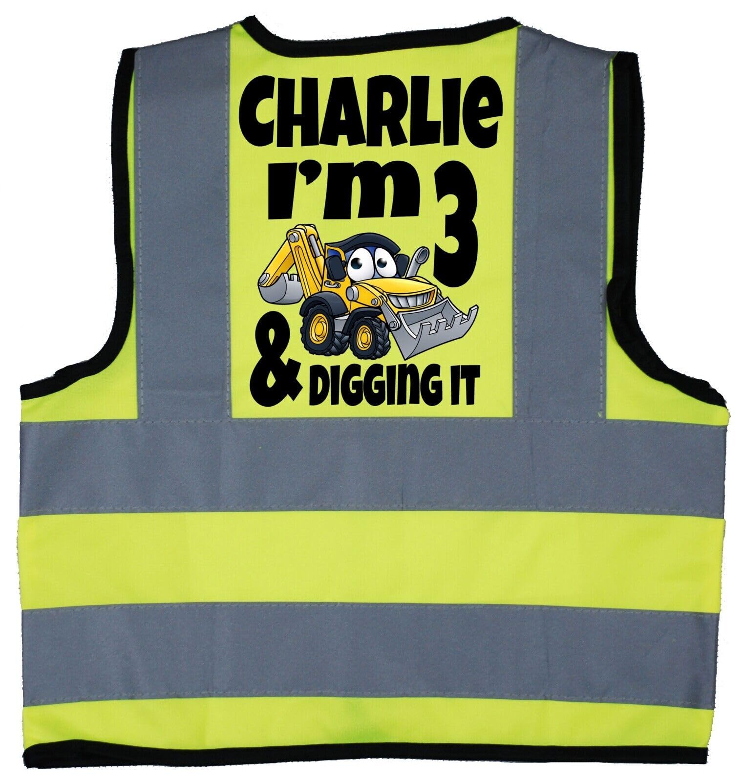 Acce Products Personalised Name I'm -Add Your Age- & Digging It Baby Toddler Children Kids Hi Vis Safety Jacket Vest Sizes 7-9 Years Yellow Optional Text On Front