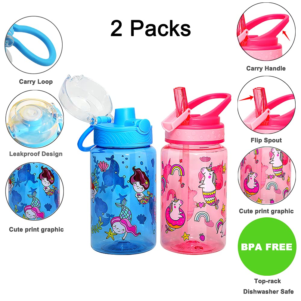Home Tune 16oz Kids Water Drinking Bottle 2 Pack - Tritan BPA Free, Auto Flip Chug Lid, Sip Straw Lid, Carry Loop, Lightweight, Leak-Proof, Cute Design For Girls & Boys - Mermaid & Unicorn