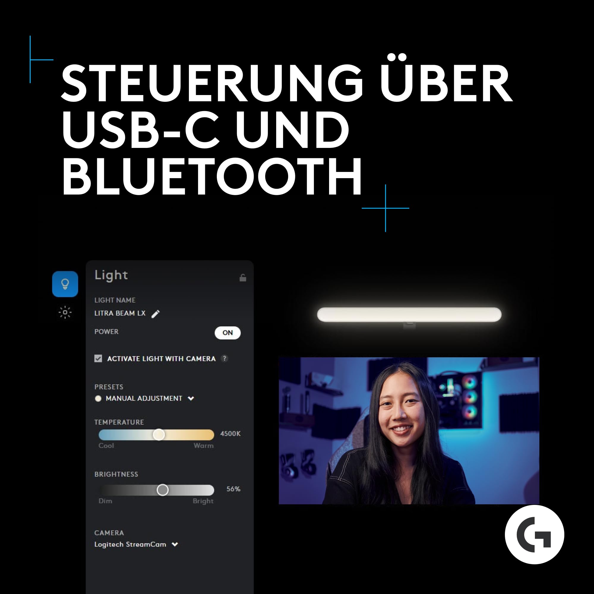 Logitech G Litra Beam LX doppelseitiges Premium-RGB-LED-Streaming-Hauptlicht mit TrueSoft, für Streaming und Broadcasting, LIGHTSYNC, Bluetooth, USB, PC/Mac – Grafit