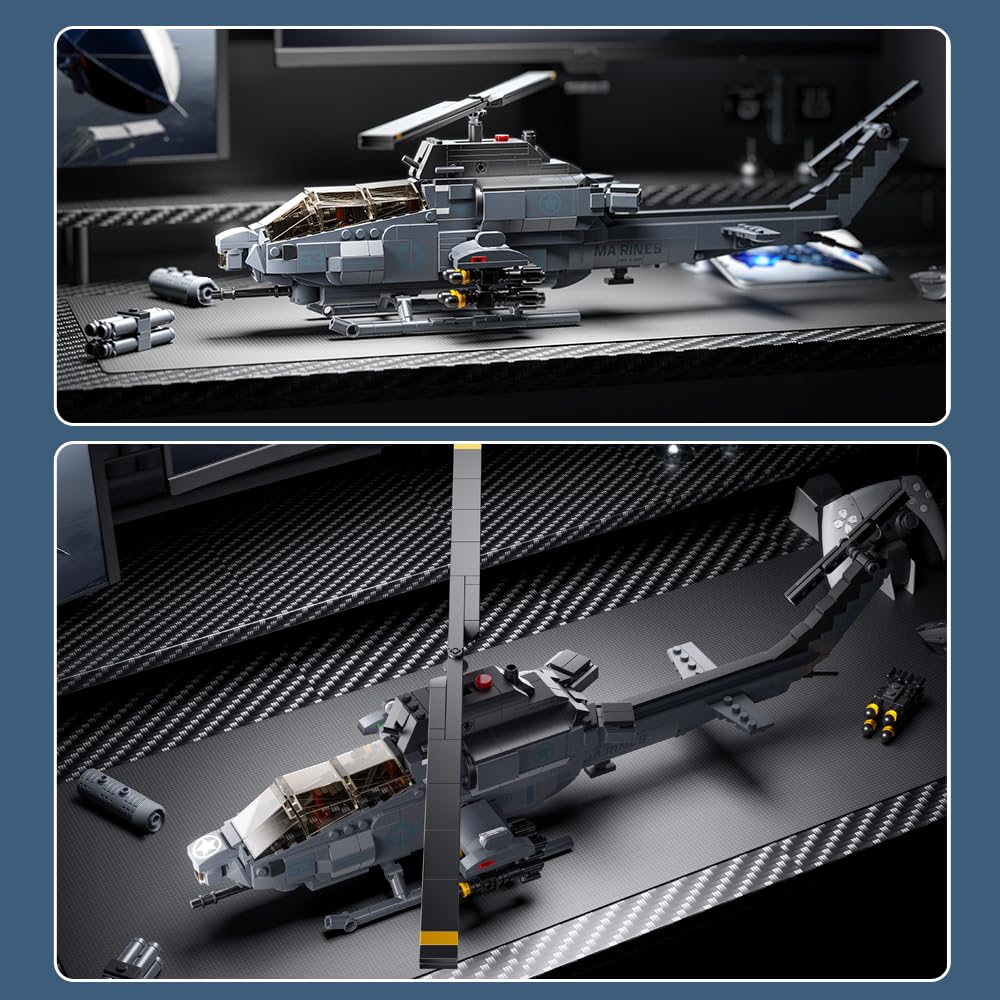 MISINI M8024 AH-1W Super Cobra Bewaffneter Hubschrauber Bausteine Set, 958 Stück Militär Medium 1:35 Hubschrauber Bausatz, Geschenke und Sammlungen für Flugzeugmodelle für Militärische Enthusiasten