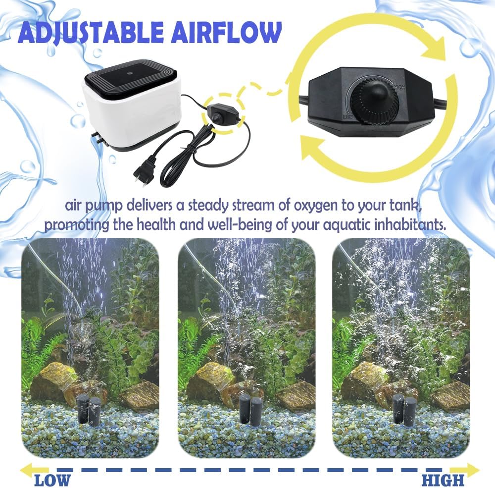 Aquarium Air Pump Quietest for Fish Tank 20-300Gallon/20-600Gallon,2 Air Outlets Ultra Silent Powerful Adjustable Aerator Pump for Livewell 190GPH/260GPH 5W/10W,Air Stones, Tubing, Check Valve