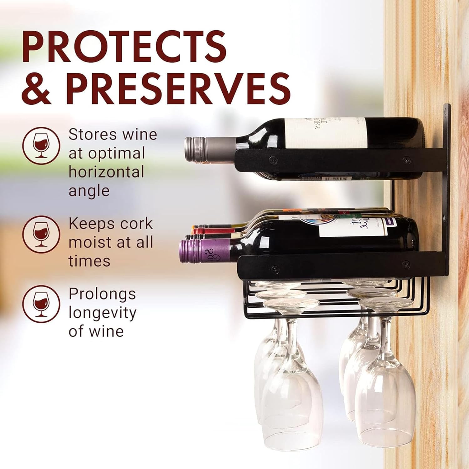 Hanging Floating Shelves - Wall Mounted Wine Rack, Black Modern Style Iron Storage Glass Rack Holds 8 X Glasses and Bottles, Easy Installation(17 * 7.5 9.5in)