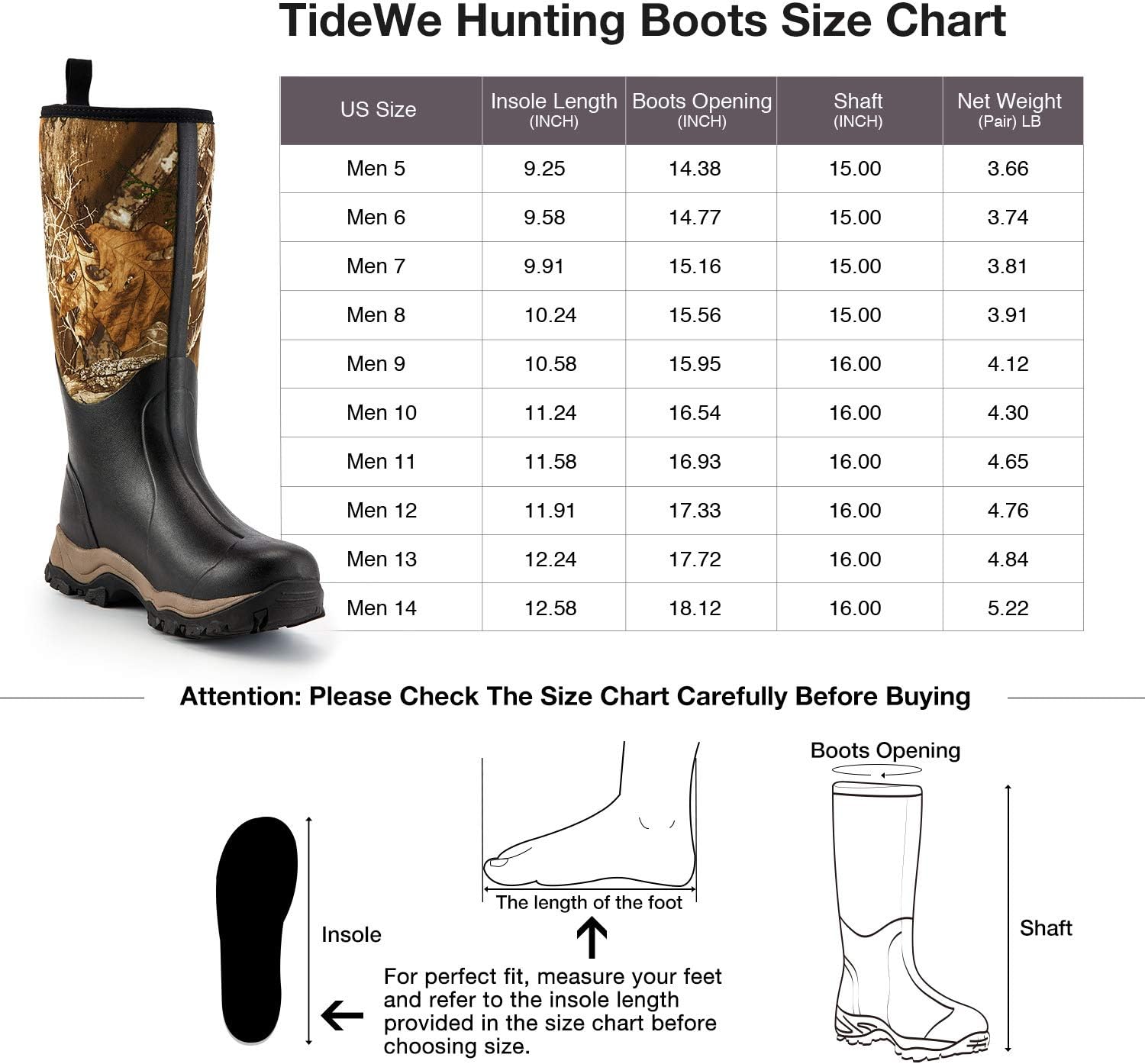 TIDEWE Hunting Boot for Men, Insulated Waterproof Durable 16" Men's Hunting Boot, 6mm Neoprene and Rubber Outdoor Boot Realtree Edge Camo(400Gram & Standard) : Clothing, Shoes & Jewelry