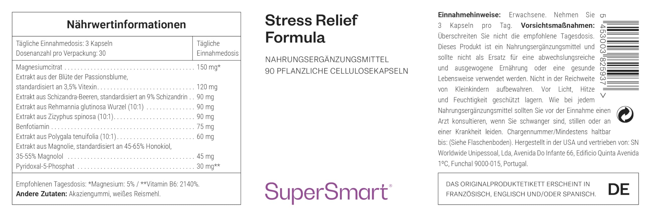 Stress Relief Formula - Hilft, Stress abzubauen - Hilft, einen erholsamen Schlaf zu fördern - Angereichert mit Magnesium und Vitamin B1 - Pflanzenextrakte - Vegan - Glutenfrei - Supersmart