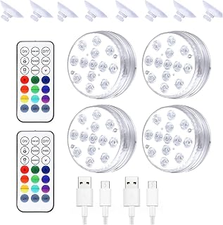 13 luzes subaquáticas de LED para piscina, luzes subaquáticas recarregáveis por USB, diâmetro de 7 cm, com controle remoto de radiofrequência, 3 ímãs e 2 ventosas IP68 luzes de mergulho