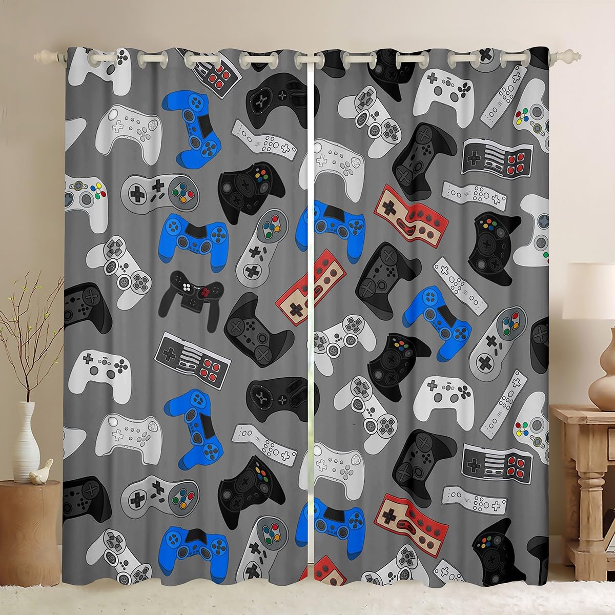 Loussiesd Boys Colour 25 Gamepad Window Curtain Panels Console Gamer Curtains For Bedroom Living Room For Kids Video Game Gamepad Blackout Curtains Novelty Modern Game Controller Darkening Thermal W66*L90