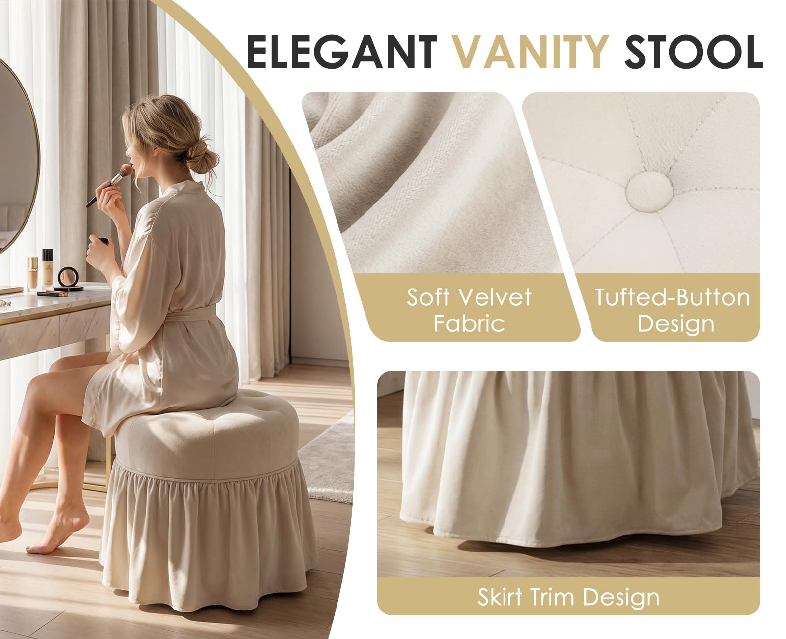 Ya-Home Tabouret de Coiffeuse à roulettes Tabouret Rond en Velours Siège de Coiffeuse avec Jupe à Volants, Pouf à Boutons pour Chambre/Salon/Institut de Beauté, Blanc