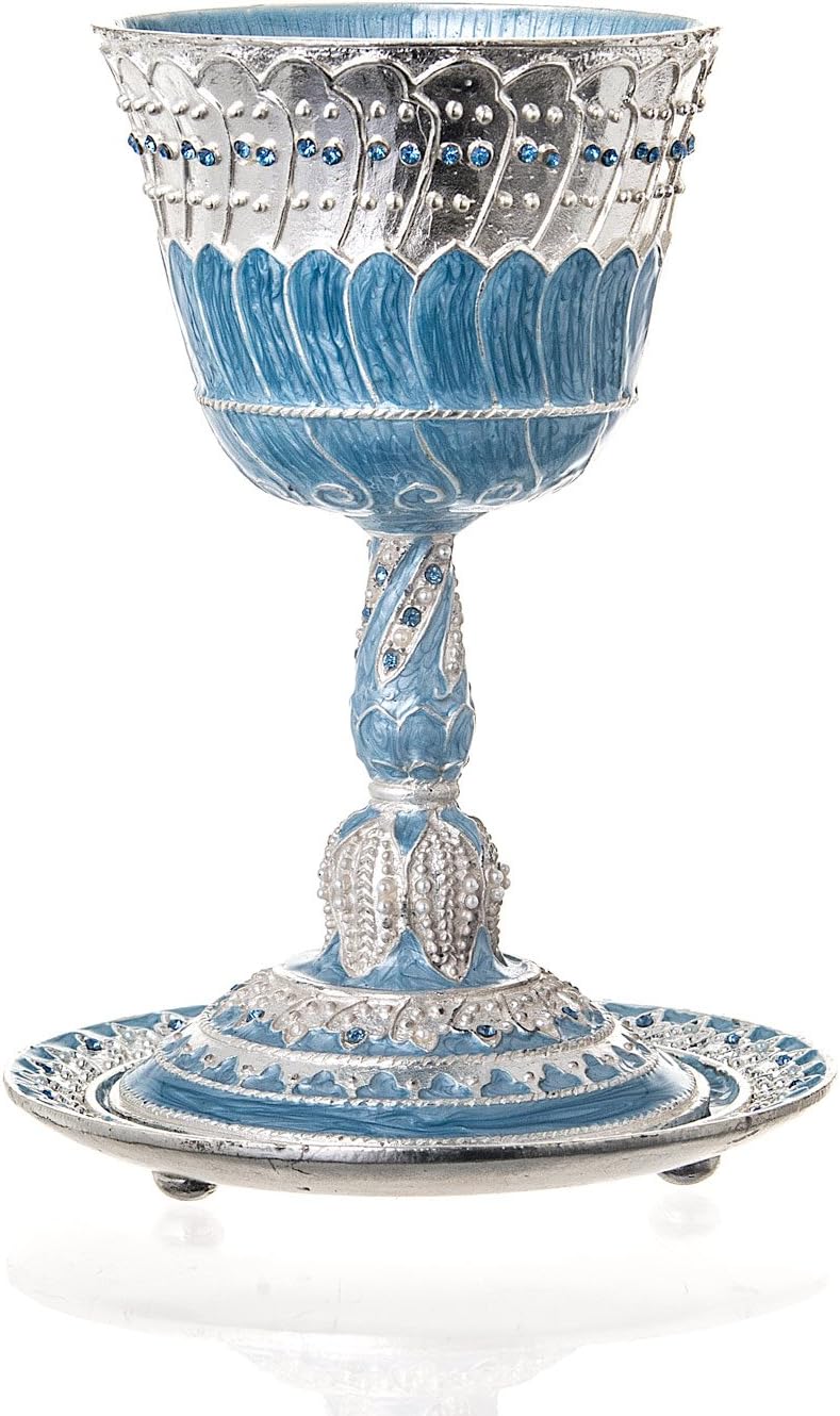 Jewish, Shabbat Elegant Jeweled Blue Enamel & Pearls Kiddush Cup, Saucer included, Gift Box Included. 4.75" Tall