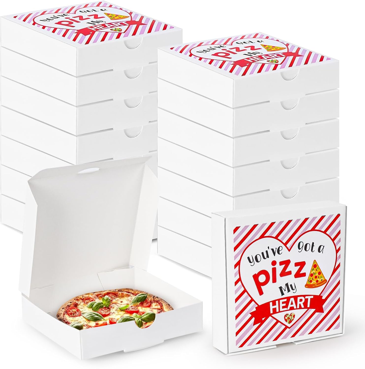 WANGDEFA 50 PCS Valentines Day Small Pizza Boxes Bulk 3.5 * 3.5 * 0.78 inch White Mini Pizza Boxes Tiny Pizza Boxes Cardboard Pizza Box with Stickers for Christmas Party Favors Diy