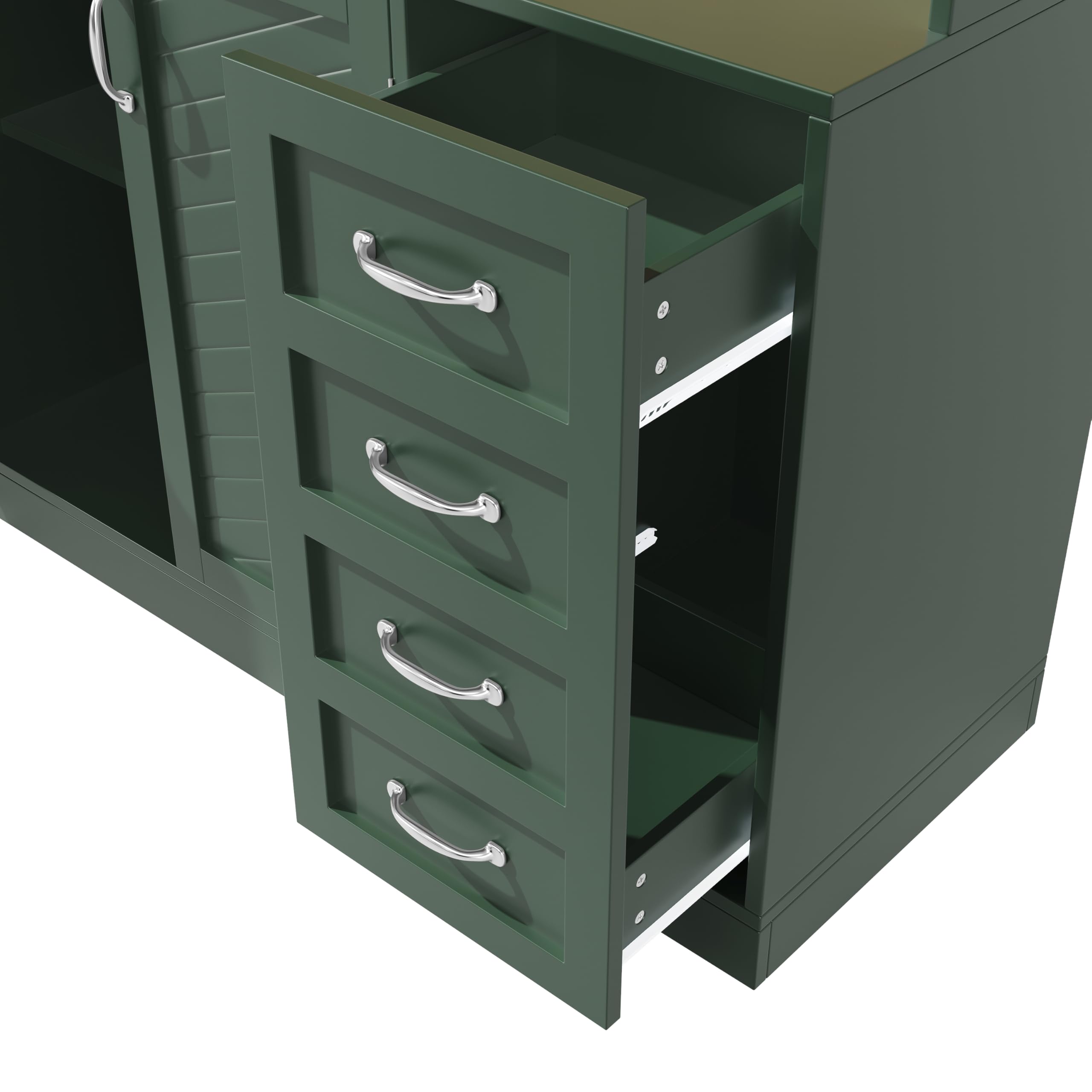 Küchenschrank Hochschrank mit Arbeitsplatte und LED-Licht, Küchenbuffet Buffetschrank mit Getränkehaltern und 4 Türen, Highboard Schrank mit Schubladen und Snackregal, Grün, 120x40x188 cm