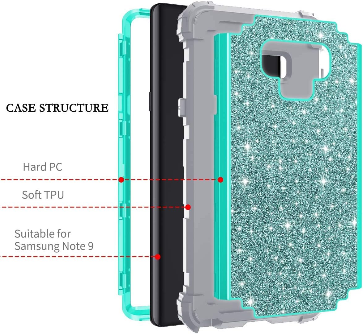 LONTECT Compatible Galaxy Note 9 Case Luxury Glitter Sparkle Bling Heavy Duty Hybrid Sturdy High Impact Shockproof Protective Cover Case for Samsung Galaxy Note 9 - Shiny Teal