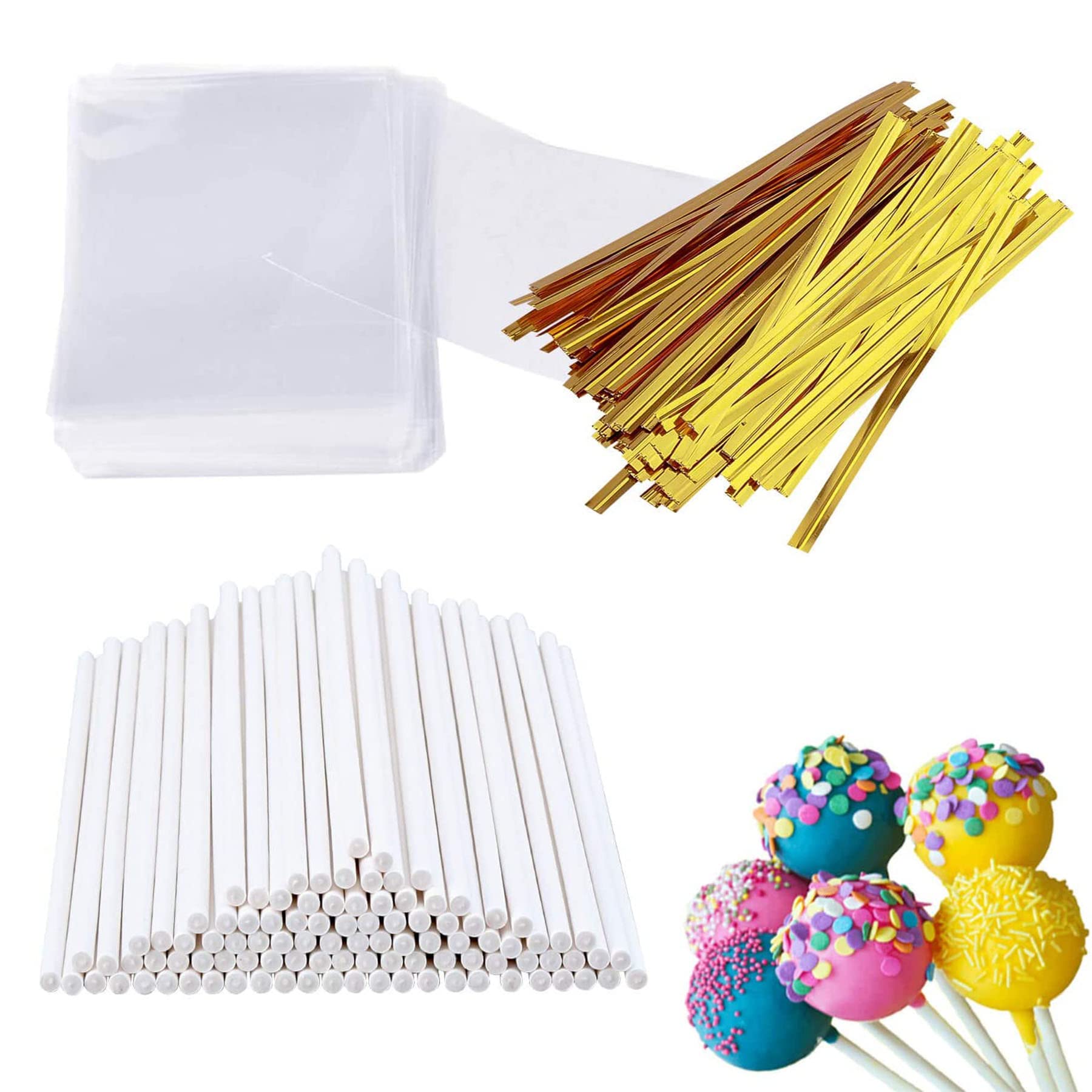 Sawanork300pcs Cake Pop Sticks And Wrappers Kit, Including 100pcs Paper Lollipop Sticks, 100pcs Clear Candy Treat Bags Parcel, 100pcs Gold Twist Ties, Perfect for Making Lollipops, Candies
