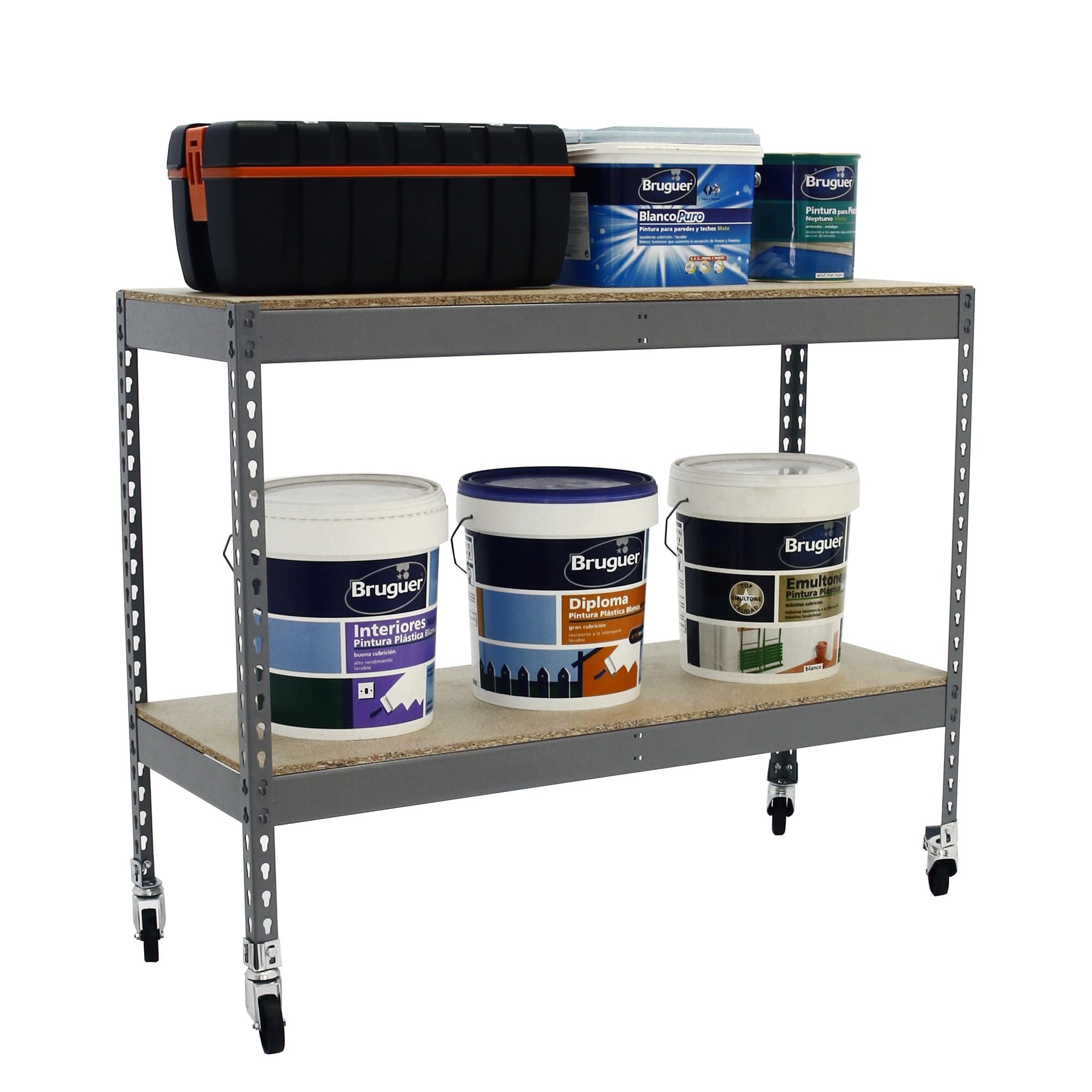 Simon Rack Estanteria Industrial, 975x1200x450 mm, 75 kg de Punto Flexión, 2 Alturas Madera, Estanteria Almacenaje, Inlcuye Ruedas, Gris/Madera - SimonTaller
