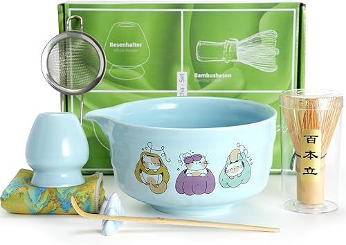 Juego de batidor de matcha, juego de matcha de cerámica que incluye cuenco matcha, batidor y soporte, cuchara de bambú, soporte para cucharada,
