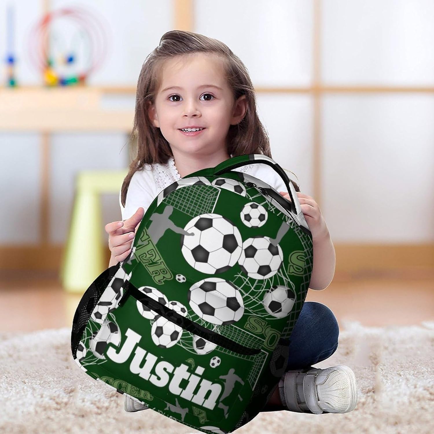 Custom Name Green Soccer Pattern Daypack Kids Schoolbag for Toddler Boys, High School College Teens Backpack - Image 2