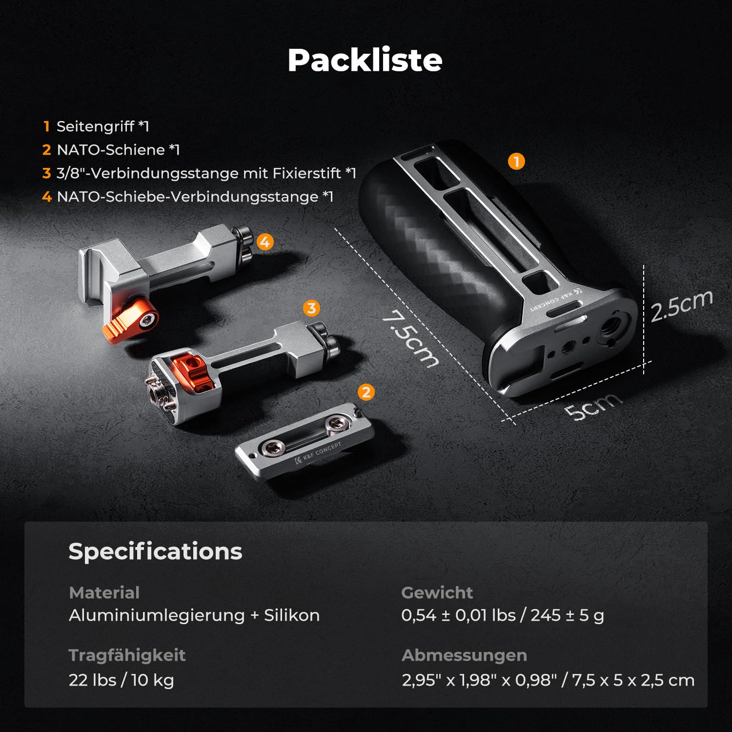 K&F CONCEPT Seitengriff für Kamerakäfige, Side Handle mit 3/8" Locating Schraube für ARRI und mit Schnellverschluss für NATO-Schiene,mit Kaltschuh und Gewindeloch,40mm nach Oben/unten verstellbar