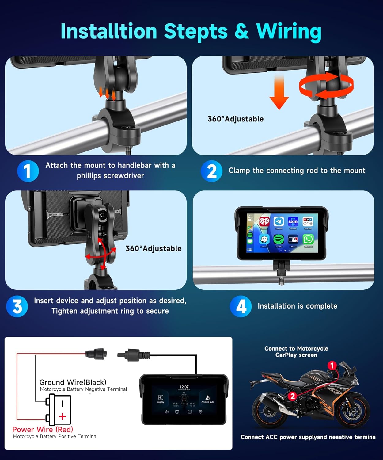 Four-step diagram showing how to install the motorcycle stereo mount and device on a handlebar.