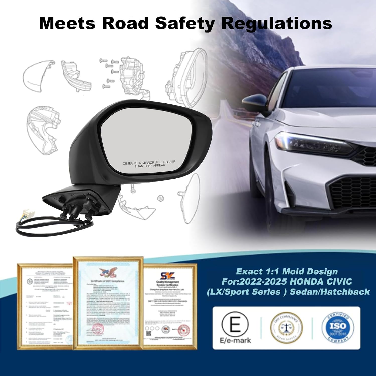 Right Passenger Side Mirror For (2022 2023 2024 2025) HONDA CIVIC（LX/Sport) Sedan/Hatchback With Power Glass, Manual Folding, Match to Crystal Black Pearl Replace#HO1320350 (3 Pins)