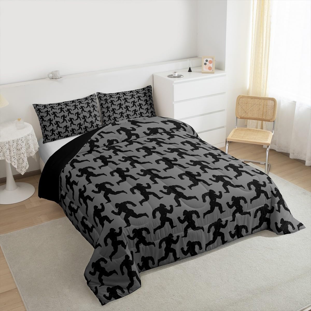 Feelyou Foot Print Sasquatch Bedding Set Queen Size for Men Women Teens Kids Orangutan Hunting Vintage Comforter Set Boys Hunter Grey Black Duvet Quilt Wild Home Decor