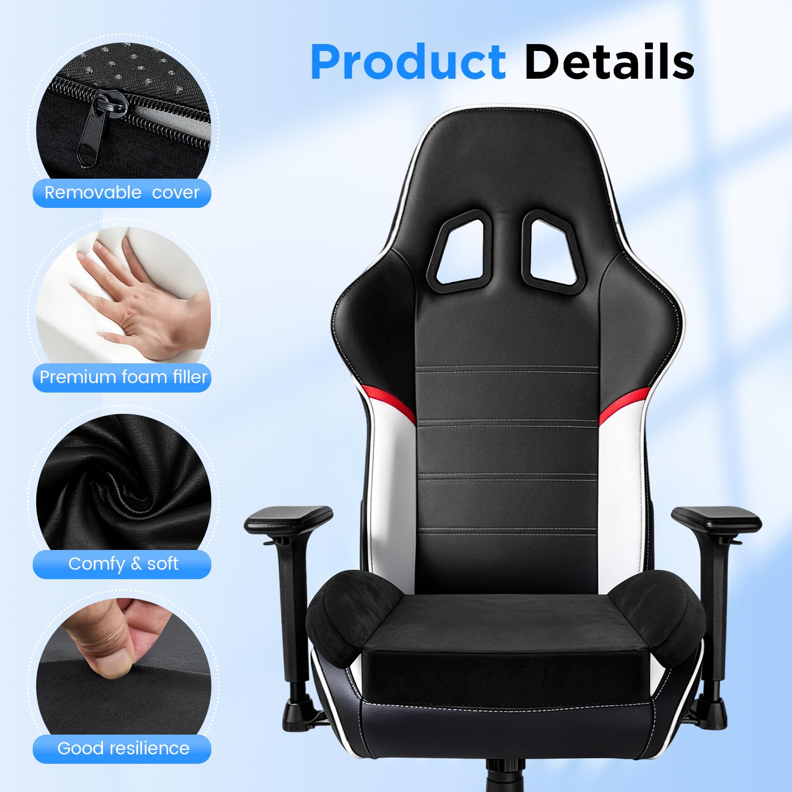 Coussin de Siège Gaming en Mousse à Mémoire de Forme, Coussin Ergonomique pour Voiture et Bureau, Antidérapant avec Housse Amovible, Noir