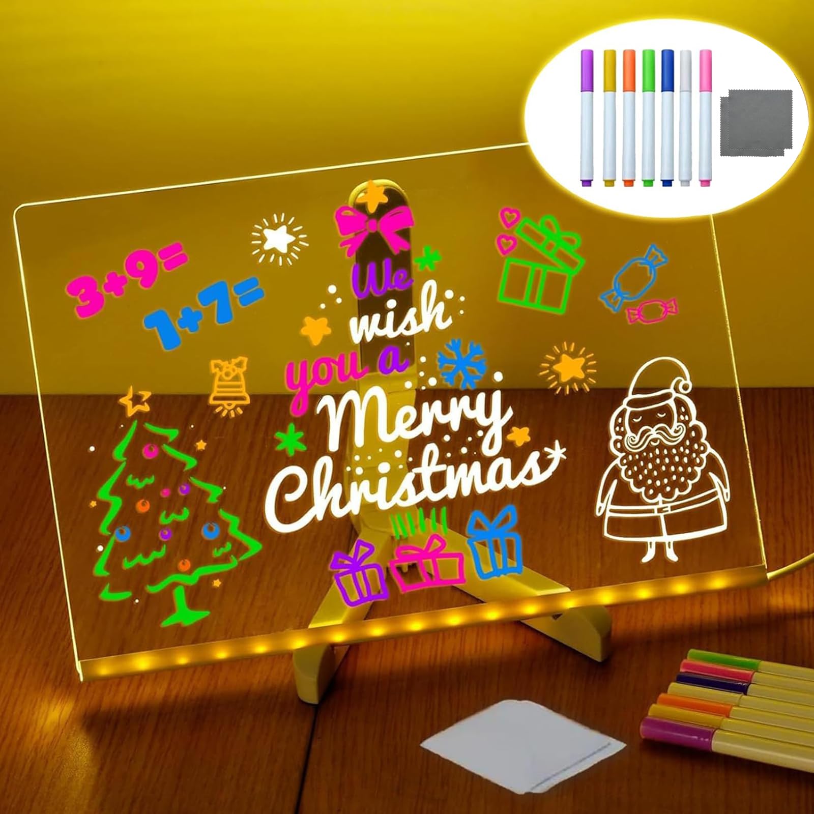Tableau de Notes LED avec Couleurs, Tableau de Message Lumineux en Acrylique 7 Couleurs avec Stylet/Support, Tableau de Dessin et Écriture LED pour Enfants, Tableau de Gribouillage Artistique pour