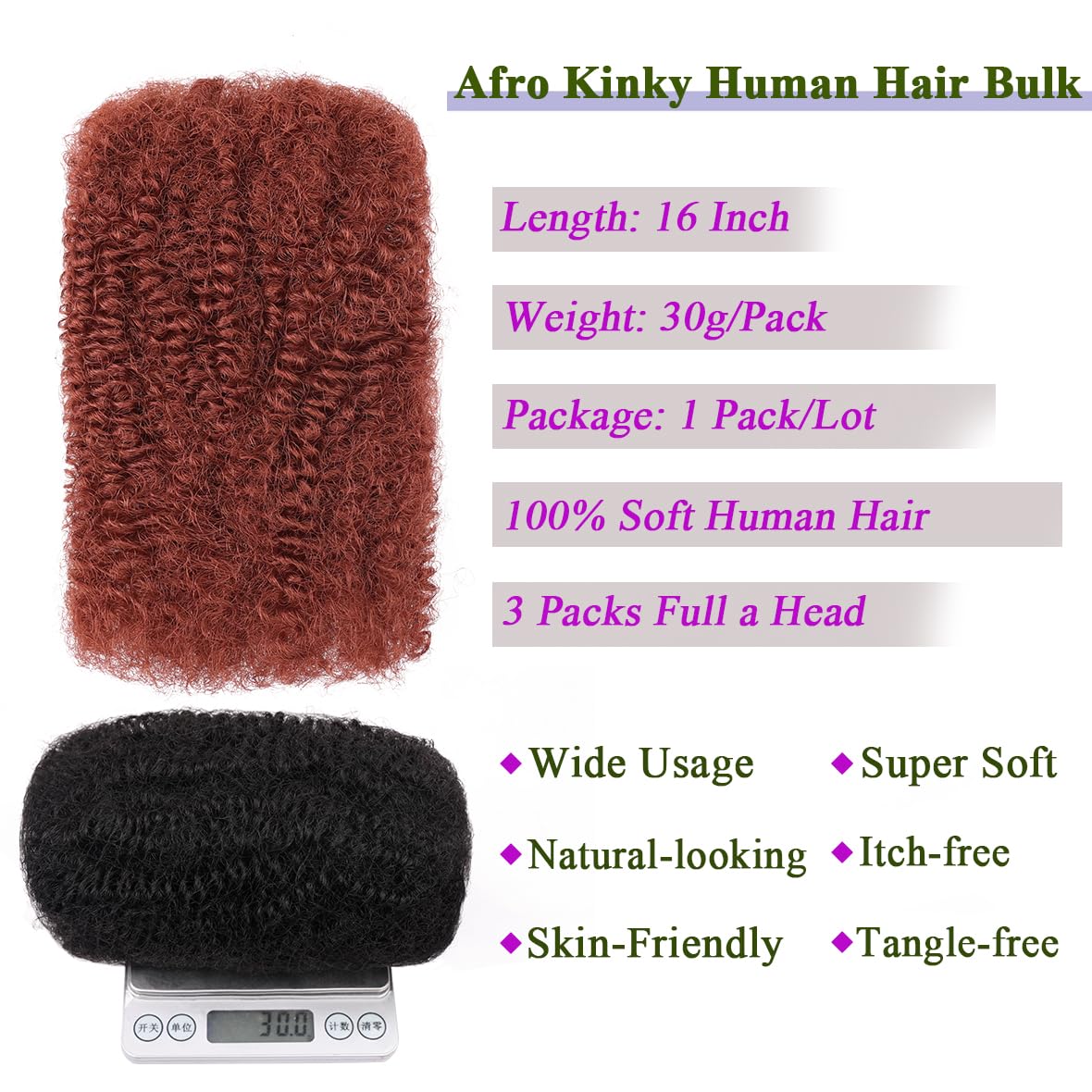 Kackanaa 16 Inch Ginger Afro Kinky Curly Human Hair Bulk for Dreadlock and Marley Twist Mini Repair Locs, Springy Afro - 30g/Pack - Image 3